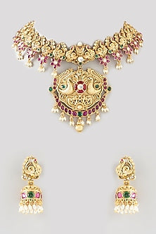 Gold Finish Multi-Colored Stone Necklace Set