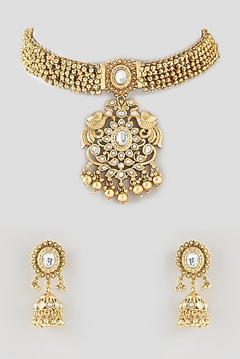 Gold Finish Kundan Polki Choker Necklace Set