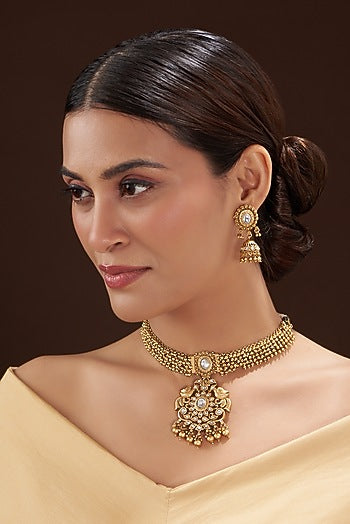 Gold Finish Kundan Polki Choker Necklace Set