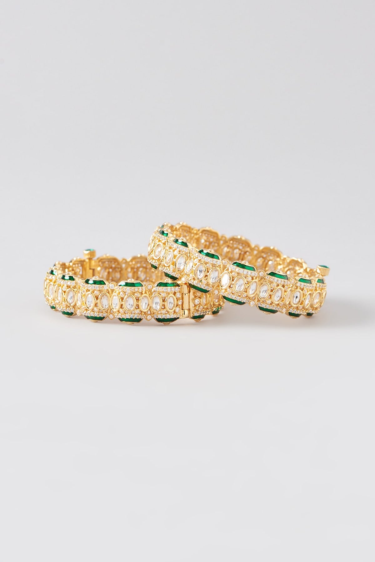 Gold Finish Green Kundan Polki Bangles (Set of 2)