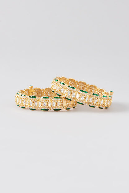 Gold Finish Green Kundan Polki Bangles (Set of 2)