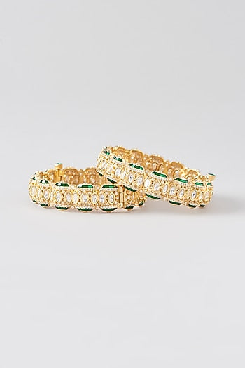 Gold Finish Green Kundan Polki Bangles (Set of 2)
