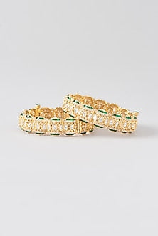 Gold Finish Green Kundan Polki Bangles (Set of 2)