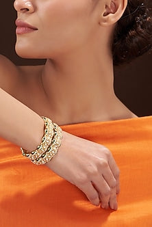 Gold Finish Green Kundan Polki Bangles (Set of 2)