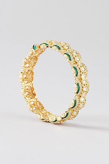 Gold Finish Green Kundan Polki Bangles (Set of 2)