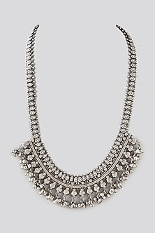 Oxidised Silver Finish Beaded Long Necklace