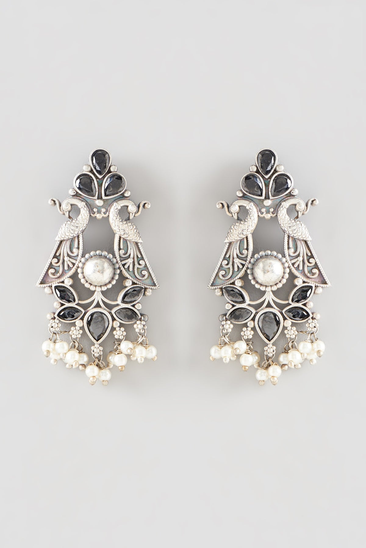 Oxidised Silver Finish Black Synthetic Stone Dangler Earrings