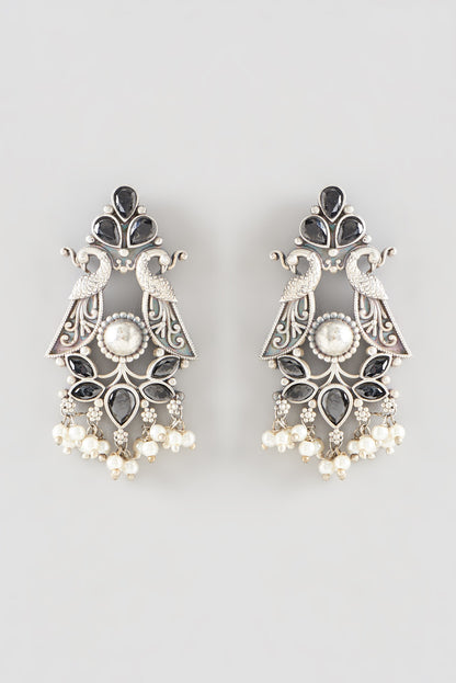 Oxidised Silver Finish Black Synthetic Stone Dangler Earrings
