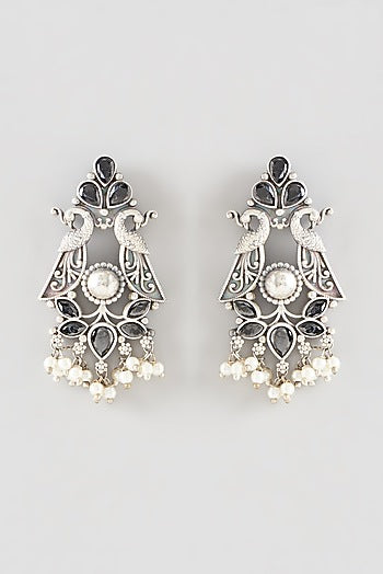 Oxidised Silver Finish Black Synthetic Stone Dangler Earrings