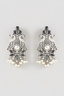 Oxidised Silver Finish Black Synthetic Stone Dangler Earrings