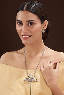 Two-Tone Finish Pearl Bead & Motif Long Necklace Set