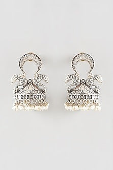 Oxidised Silver Finish White Synthetic Stone Dangler Earrings