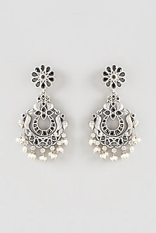 Oxidised Silver Finish Black Synthetic Stone Dangler Earrings