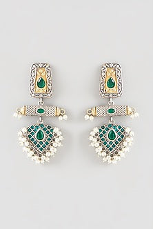 Two-Tone Finish Green Stone & Pearl Dangler Earrings