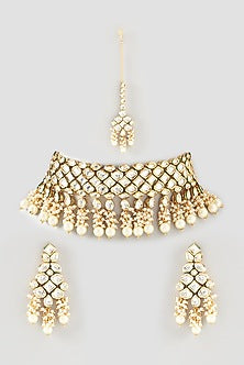 Gold Finish Kundan Polki & Pearl Choker Necklace Set