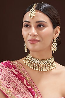 Gold Finish Kundan Polki & Pearl Choker Necklace Set