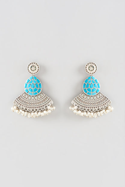 Oxidised Silver Finish Turquoise Stone Dangler Earrings