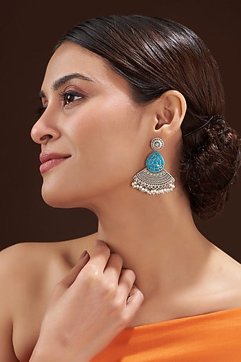 Oxidised Silver Finish Turquoise Stone Dangler Earrings