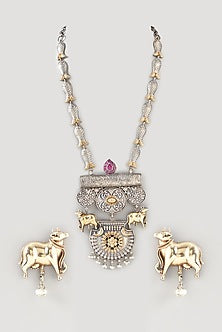 Two-Tone Finish Red Stone & Metal Beaded Long Necklace Set