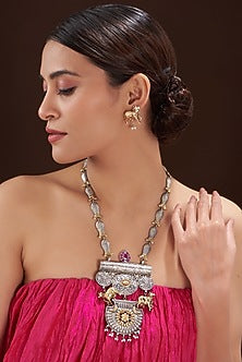 Two-Tone Finish Red Stone & Metal Beaded Long Necklace Set