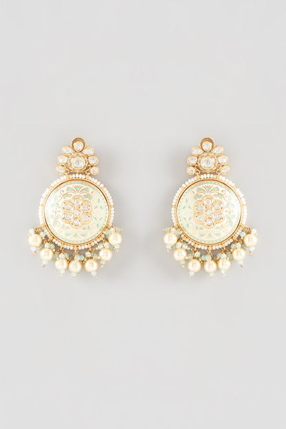 Gold Finish Kundan Polki Enamelled Dangler Earrings