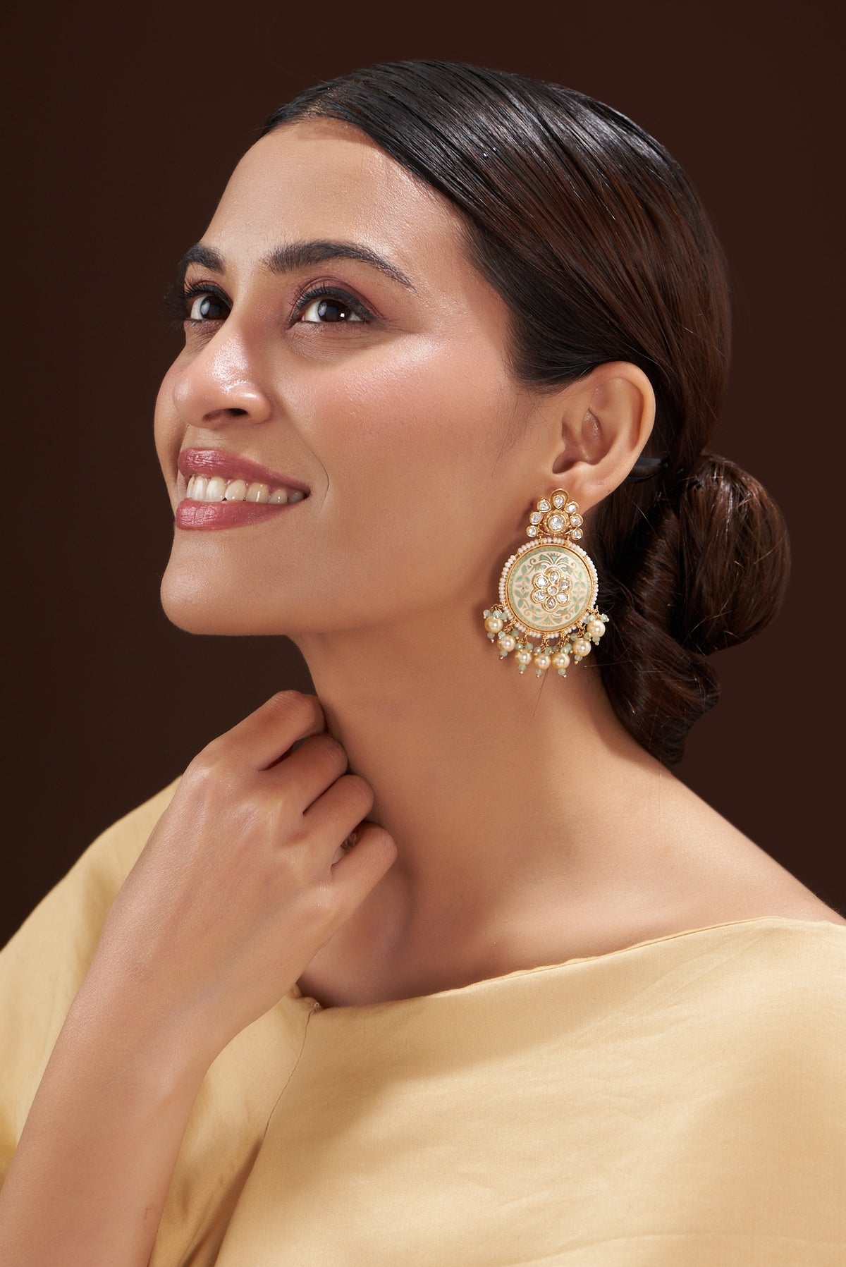 Gold Finish Kundan Polki Enamelled Dangler Earrings