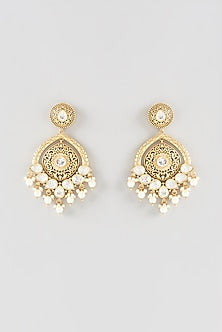 Gold Finish Kundan Polki & Pearl Dangler Earrings