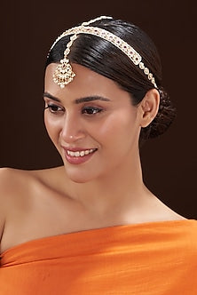 Gold Finish Red Stone & Pearl Mathapatti