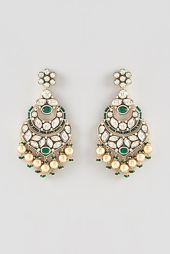 Gold Finish Kundan Polki & Pearl Dangler Earrings