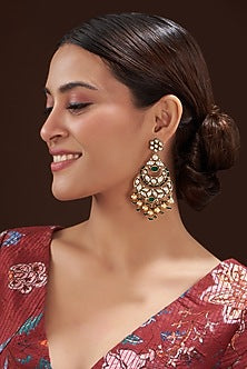 Gold Finish Kundan Polki & Pearl Dangler Earrings