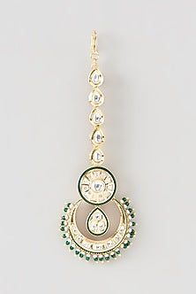 Gold Finish Kundan Polki & Green Stone Maangtikka