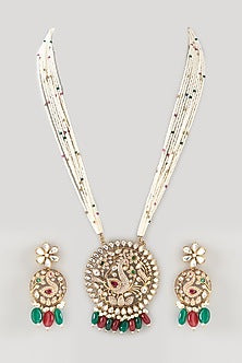 Gold Finish Green & Red Stone Long Necklace Set