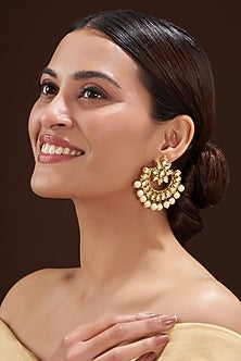 Gold Finish Kundan Polki & Pearl Chandbali Earrings