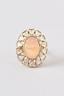 Gold Finish Kundan Polki & Peach Stone Ring