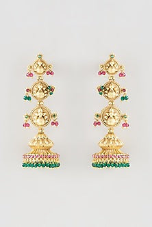 Gold Finish Green & Red Stone Jhumka Earrings