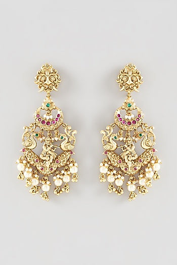 Gold Finish Green & Red Stone Dangler Earrings