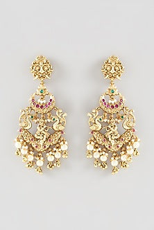 Gold Finish Green & Red Stone Dangler Earrings