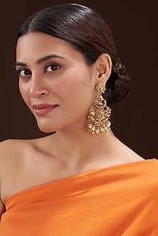 Gold Finish Green & Red Stone Dangler Earrings