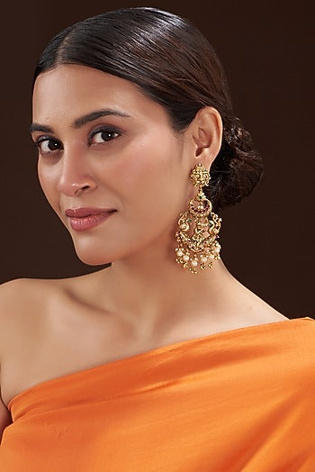 Gold Finish Green & Red Stone Dangler Earrings