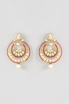 Gold Finish Kundan Polki & Red Stone Chandbali Earrings
