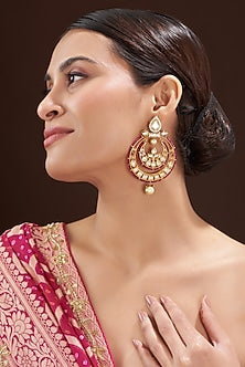 Gold Finish Kundan Polki & Red Stone Chandbali Earrings