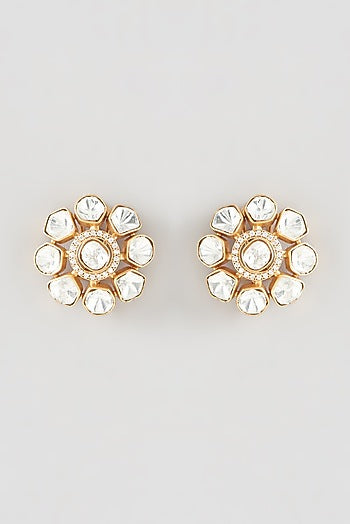 Gold Finish Kundan Polki & Pink Stone Stud Earrings