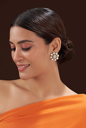 Gold Finish Kundan Polki & Pink Stone Stud Earrings