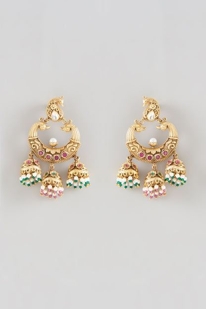 Gold Finish Kundan Polki & Ruby Dangler Earrings
