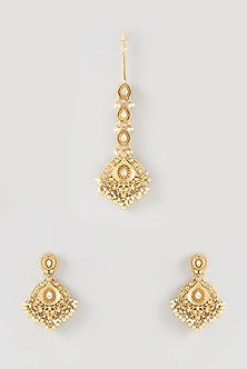 Gold Finish Kundan Polki Dangler Earrings With Maang Tikka