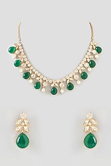 Gold Finish Kundan Polki & Green Stone Choker Necklace Set