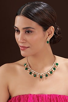 Gold Finish Kundan Polki & Green Stone Choker Necklace Set