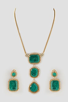 Gold Finish Emerald Synthetic Stone Long Necklace Set