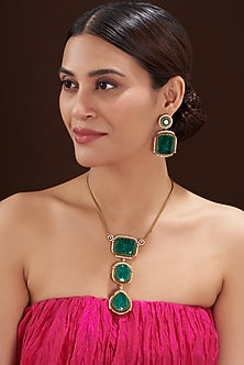 Gold Finish Emerald Synthetic Stone Long Necklace Set