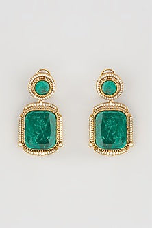 Gold Finish Emerald Synthetic Stone Long Necklace Set